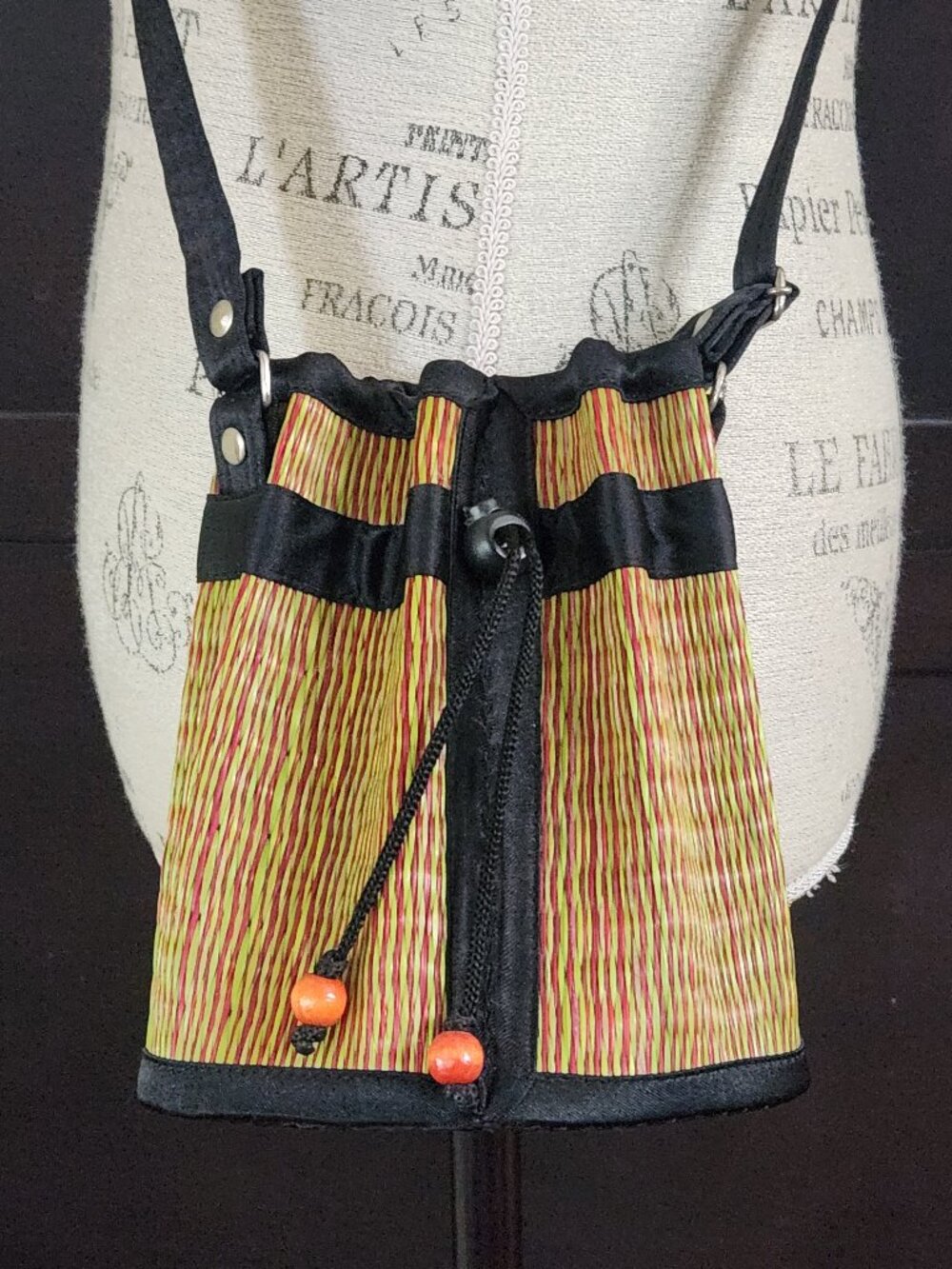 Saraye Tatami Woven Cinch Bucket Bag - Red & Green Grass Stripe